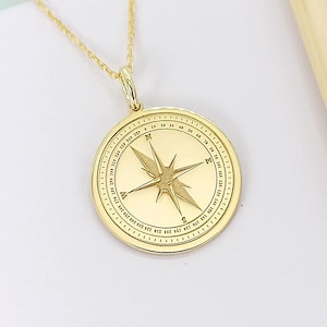 14K Solid Gold Compass Necklace: Personalized Pendant, Traveler Gift
