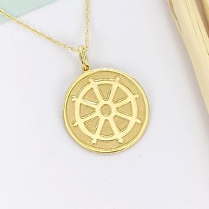 14K Solid Gold Dharma Wheel Pendant: Personalized Buddhist Necklace