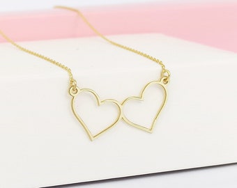 14K Solid Gold Double Heart Necklace For Women, Heart Jewelry, Gift For Her
