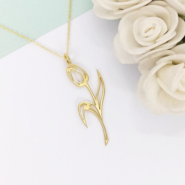 14k Massive Gold Tulpen Halskette für Frauen, Tulpenblüten Halskette Gold, Tulpenblüten Schmuck, Geschenk für Sie