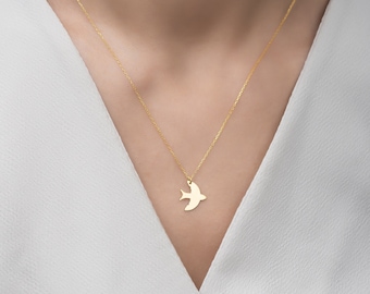 14K Gold Bird Necklace, 925 Silver Bird Pendant, Bird Jewelry, Bird Charm, Swallow Necklace, Animal Jewelry, Gifts For Her