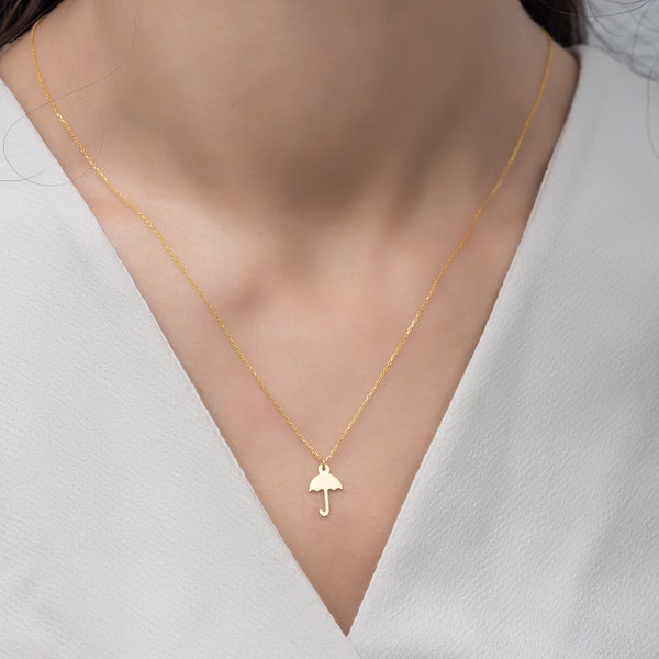 Collana ombrello, ciondolo ombrello in oro 14K, collana con ciondolo ombrello in argento 925, gioielli ombrello, regalo per gli amanti della pioggia