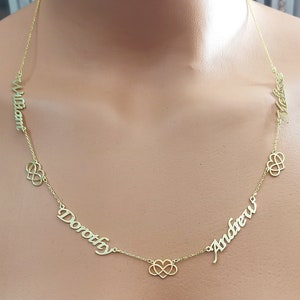 Gold Four Name Necklace: Sterling Silver Family Jewelry