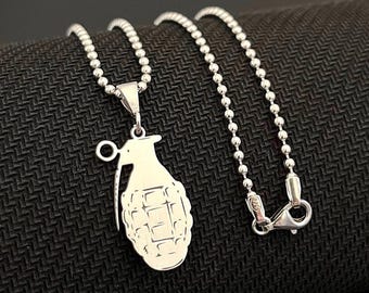 Grenade Pendant Necklace Sterling Silver | Mens Military Jewelry | Gifts For Him