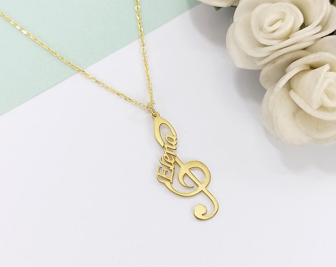 Personalized Treble Clef Necklace, Music Note Necklace With Name, Custom Music Symbol Necklace, Gift For Musician