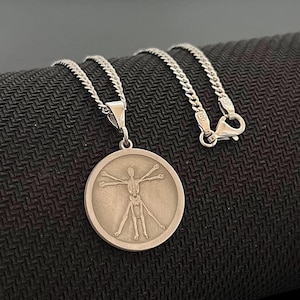 Sterling Silver Vitruvian Man Pendant Necklace: Renaissance Art Jewelry