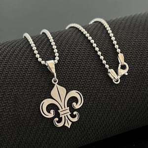 Sterling Silver Fleur de Lis Necklace: Heraldic Lily Pendant, Ball Chain