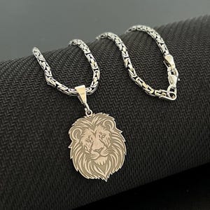 Sterling Silver Lion Head Pendant Necklace: Byzantine Chain, Power Symbol