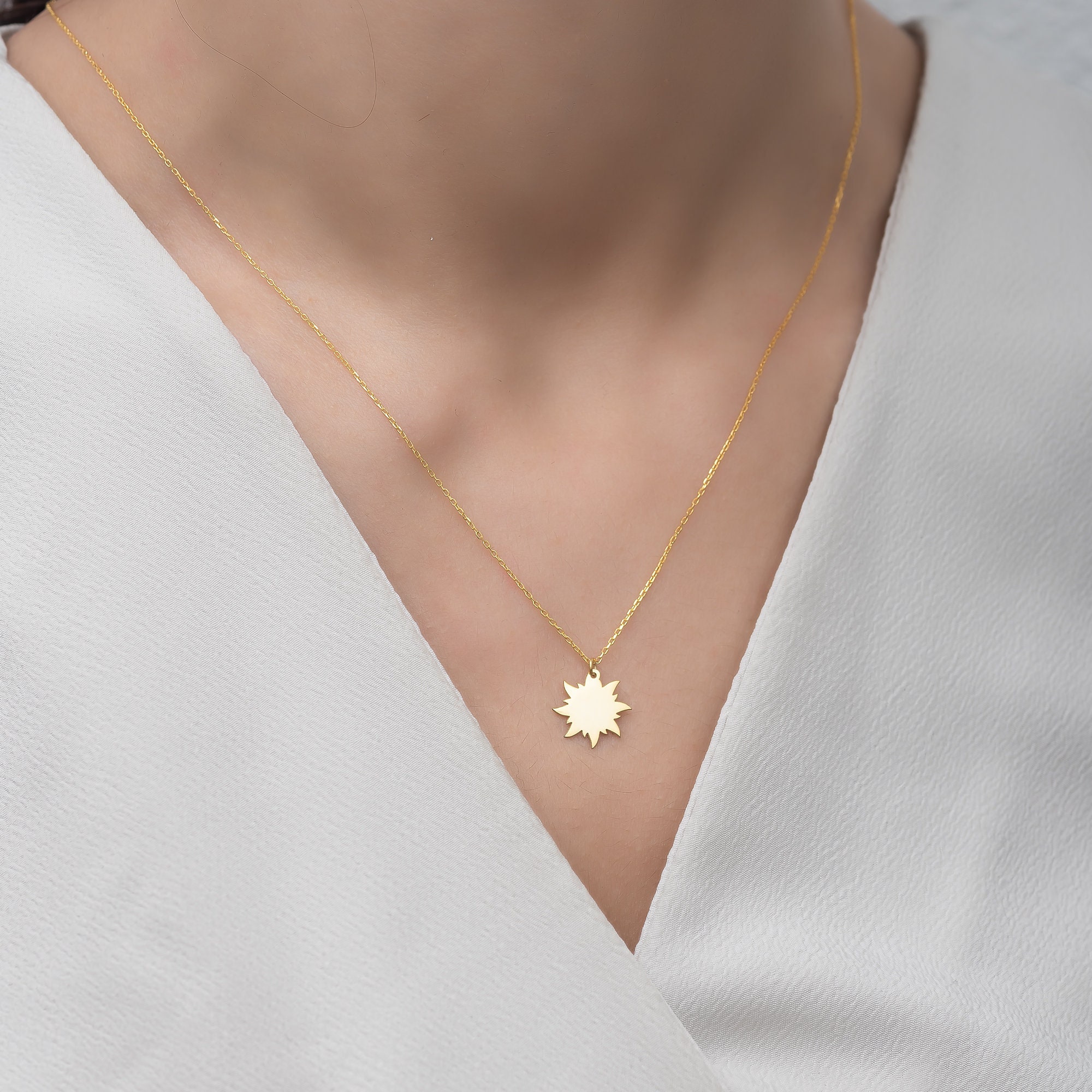 14K Gold Sun Necklace Sunshine Necklace 