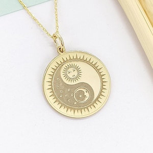 14k Solid Gold Yin Yang Sun And Moon Necklace, Personalized Yin Yang Day And Night Pendant, Tai Chi Necklace, Yoga Jewelry, Gift For Her