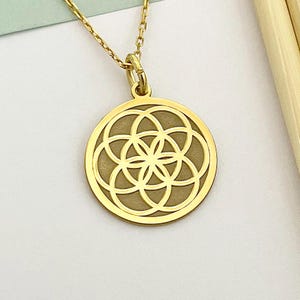 14k Solid Gold Flower Of Life Necklace, Personalized Seed Of Life Pendant, Sacred Geometry Charm, Flower Of Life Symbol Necklace