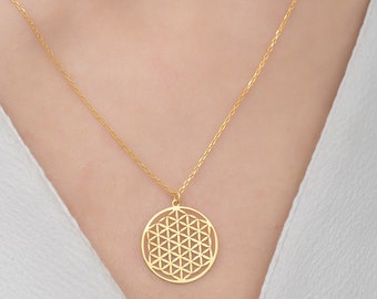14K Gold Flower of Life Necklace: Sterling Silver Mandala Pendant