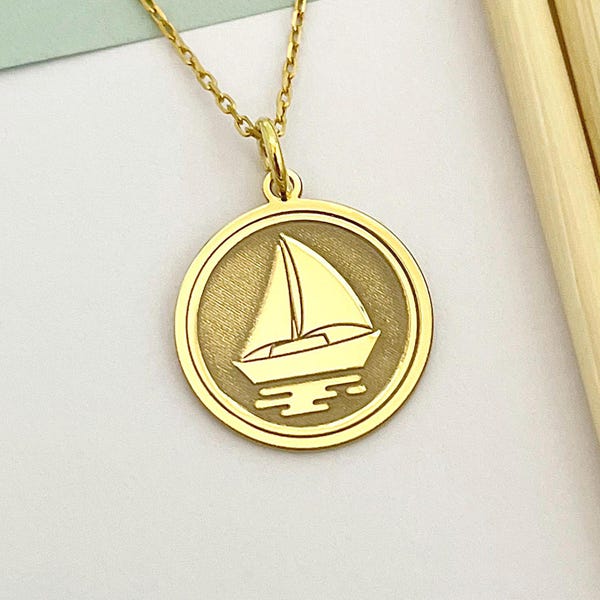 14k Solid Gold Sailboat Necklace, Personalized Sailing Boat Pendant, Necklace For Sailer
