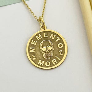 14k Solid Gold Memento Mori Necklace, Personalized Amor Fati Pendant, Skull Coin Necklace, Stoic Necklace, Reminder Of Mortality Jewelry