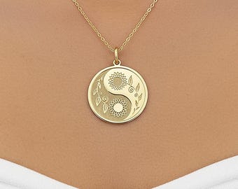 925 Sterling Silver Floral Yin Yang Necklace: Personalized Tai Chi Jewelry
