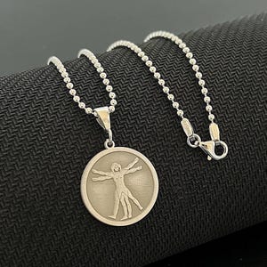 Sterling Silver Vitruvian Man Necklace: Renaissance Da Vinci Art Pendant