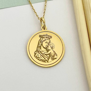 14k Solid Gold Greek Orthodox Mary And Jesus Pendant, Personalized Virgin Mary Necklace, Christian Jewelry, Religious Gift