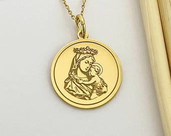 925 Sterling Silver Virgin Mary and Jesus Pendant, Personalized Christening Jewelry