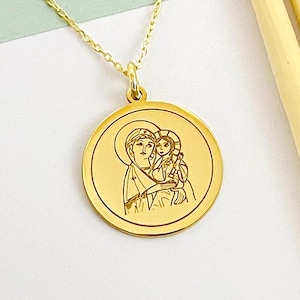 14k Solid Gold Greek Orthodox Mary And Jesus Pendant, Personalized Virgin Mary Necklace, Christian Jewelry, Religious Gift