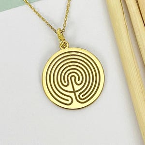 14k Solid Gold Labyrinth Necklace, Personalized Labyrinth Pendant, Seven Tier Labyrinth Necklace Circular Knossos, Maze Jewelry