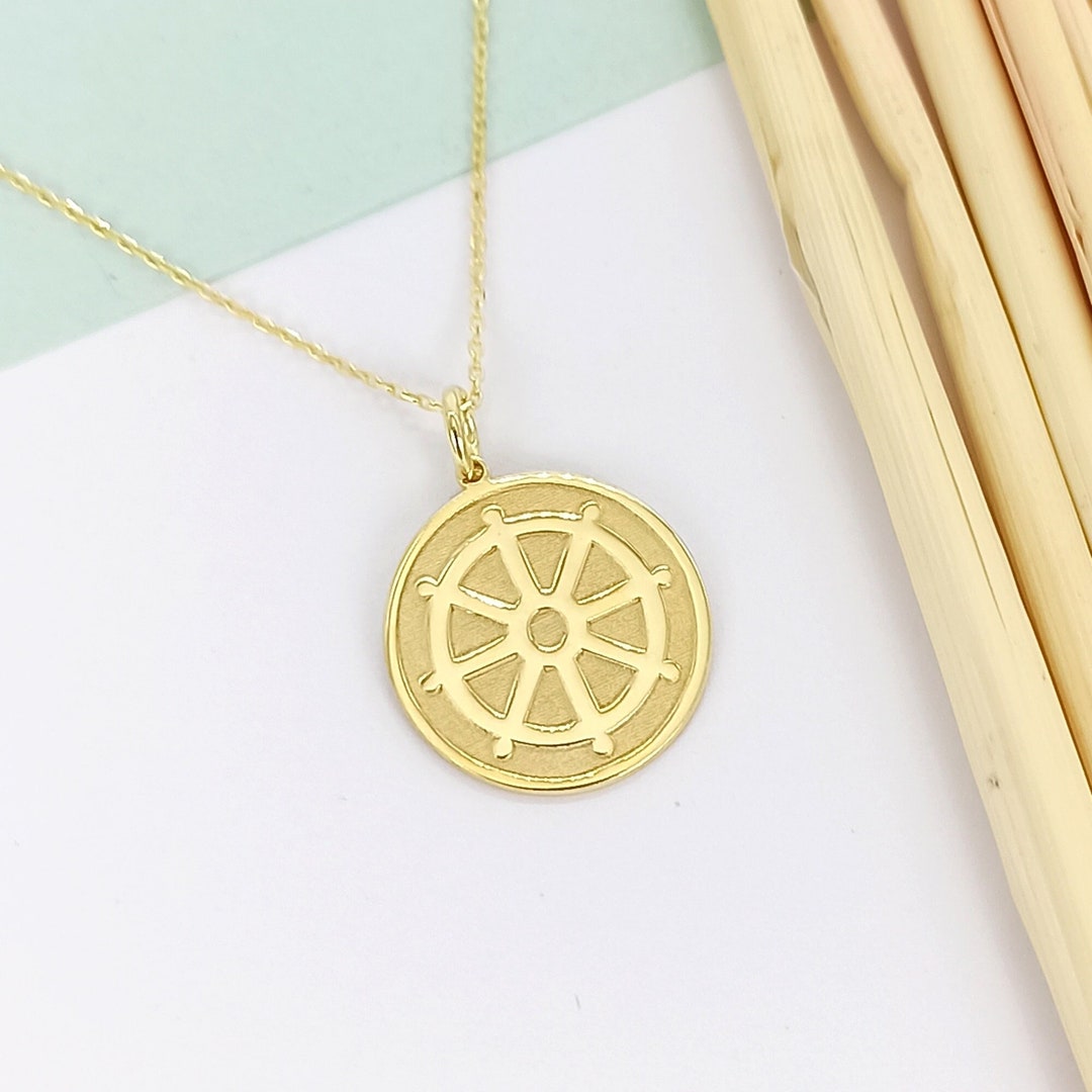 14K Solid Gold Dharma Wheel Necklace, Personalized Dharmachakra Pendant