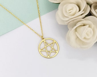 14k Gold Pentagram Necklace: Wiccan Pentacle Pendant