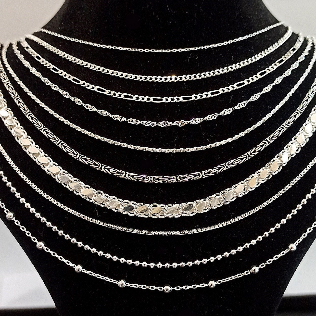 Sterling Silver Chain Necklace: 19 Styles - Curb, Figaro Sterling Silver Chain Necklace: 19 Styles - Curb, Figaro