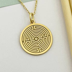 14k Solid Gold Labyrinth Necklace, Personalized Labyrinth Pendant, Pathfinding Charm, Maze Pendant, Labyrinth Jewelry, Spiritual Gift