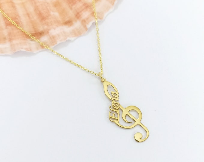 Personalized Treble Clef Necklace, Custom Music Symbol Necklace, Music Note Necklace With Name, Gift For Musician