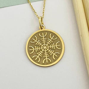 14k Solid Gold Helm Of Awe Necklace: Personalized Viking Compass Pendant
