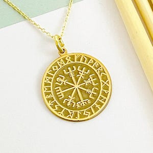 14K Real Gold Viking Compass Pendant Necklace - Vegvisir Symbol - Norse Mythology Jewelry - Handmade Viking Gift for Men & Women