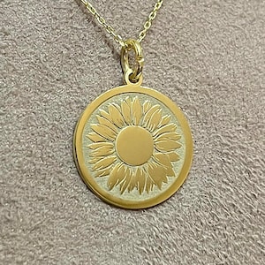 14k Solid Gold Sunflower Coin Necklace: Personalized Pendant