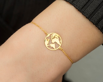 World Map Bracelet 14K Gold, Earth Bracelet 925 Silver, Globe Bracelet, Travel Bracelet, Map Bracelet, Gifts For Her