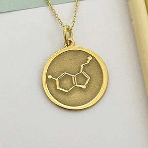14k Solid Gold Serotonin Molecule Necklace, Personalized Serotonin Pendant, Happiness Symbol Necklace