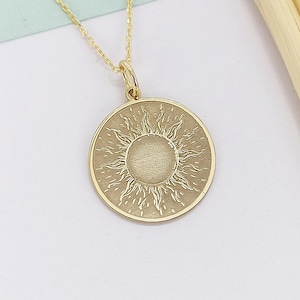 14k Solid Gold Sun Necklace, Engraved Sunshine Pendant, Custom Sunburst Charm Necklace, Dainty Sun Jewelry, Gift For Her
