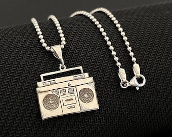 Boombox Necklace Sterling Silver | Retro Hip Hop 80s Pendant | Gifts For Him