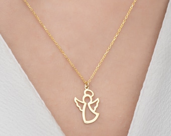 14K Gold Angel Necklace: Sterling Silver Guardian Angel Pendant