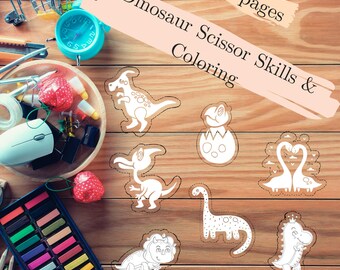 Desenhos para colorir de dinossauros com tesoura: atividade criativa para crianças (download em PDF)
