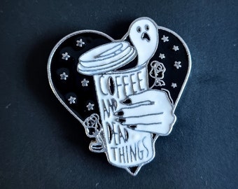 Cosy Book Cult Coffee and Dead Things ghost haunted roses cup enamel pin badge small Christmas gift stocking filler goth emo spooky cute