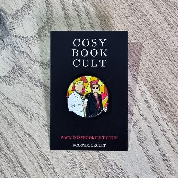 Cosy Book Cult Good Omens stained glass window enamel pin badge David Tennant Neil Gaiman Terry Pratchett angel demon fantasy reading gift