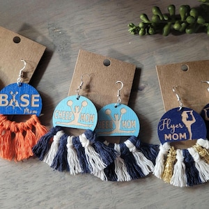 Personalized Cheerleader Earrings, Wood & Fringe, Sterling Silver Hooks