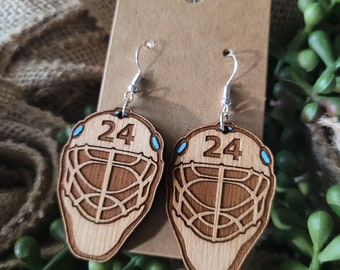 Hockey Mom Goalie Mask Earrings, Engraved Wood, Personalized Gift