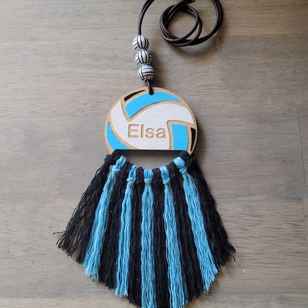 Personalized Volleyball Rearview Mirror Charm, Wood & Cotton Fringe