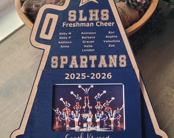 Personalized Cheerleading Coach Gift: Megaphone Plaque, Photo Frame Senior Gift, Nationals