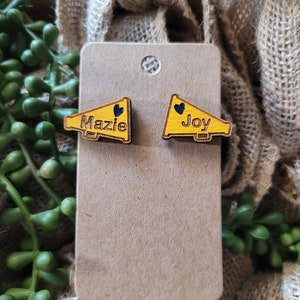 CHEERLEADER EARRINGS + Cheer studs + Cheer Mom + Cheer Coach gift + Cheerleader gift + megaphone earrings + Big Lil Sis + Personalized