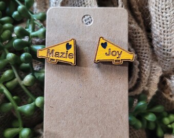 Personalized Cheerleader Megaphone Stud Earrings, Hand-Painted Wood