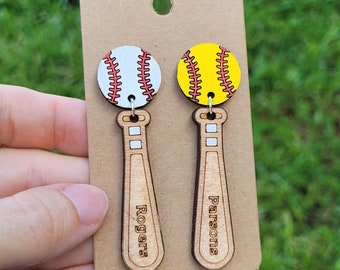 BASEBALL or SOFTBALL EARRINGS + Personalized gift + Baseball Mom + Softball Mom + Baseball Bat Earrings