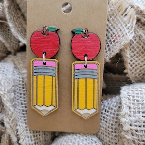 TEACHER EARRINGS + Apple Earrings + Pencil Earrings + Teacher Gift + Teacher Jewelry