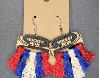 Hockey Mom Earrings: Engraved Wood with Sterling Silver Hooks, Fringe