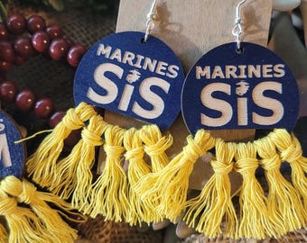 Marines Mom Earrings, Sterling Silver Hooks, Cotton Fringe